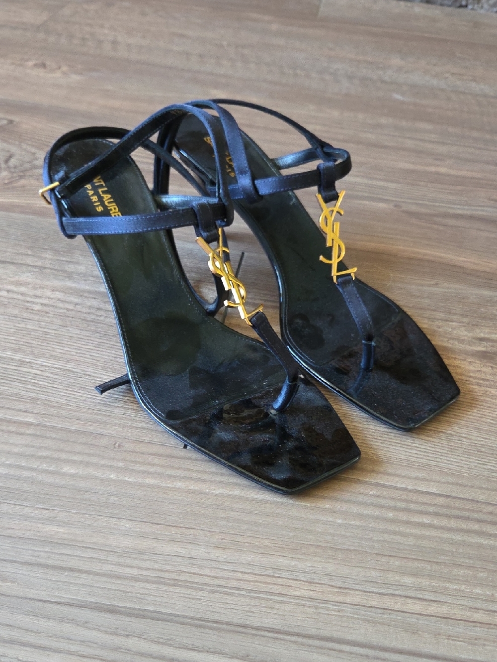 Saint Laurent Cassandra Black T-Strap Sandals with Gold YSL Accent